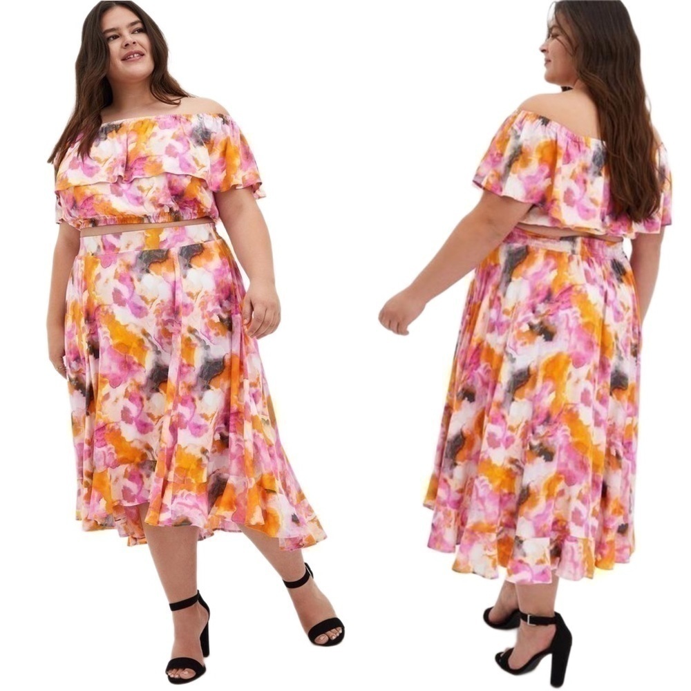 Torrid Top/Skirt Co-Ord Set Multi Watercolor Tie Dye Off Shoulder Matching 4X